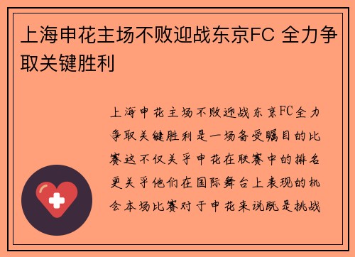 上海申花主场不败迎战东京FC 全力争取关键胜利