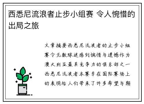 西悉尼流浪者止步小组赛 令人惋惜的出局之旅